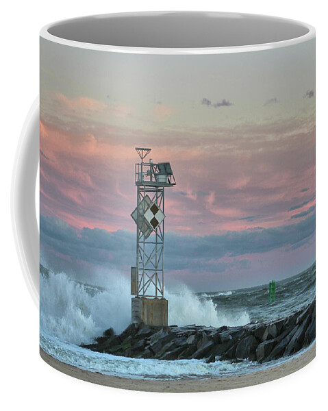 Inlet Coffee Mug featuring the photograph Inlet Jetty Waves At Sunset by Robert Banach