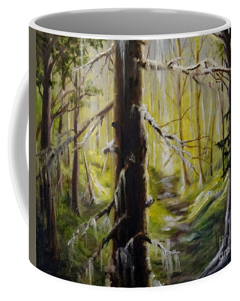 Forest Trees Light Dark Landscape Sky Shadows Shade Ground Moss Grass Branches Leaves Path Glow Coffee Mug featuring the painting Inside The Forest by Ida Eriksen