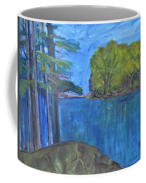 Tall Pines And Green Deciduous Trees Coffee Mug featuring the painting Islands of Diversity in the Adirondacks by Betty Pieper