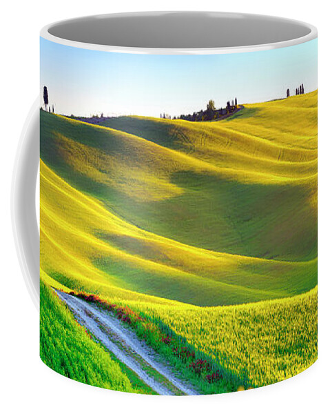Estock Coffee Mug featuring the digital art Italy, Tuscany, Siena District, Orcia Valley, Tuscan Landscape Lit By The Sunrise by Francesco Carovillano