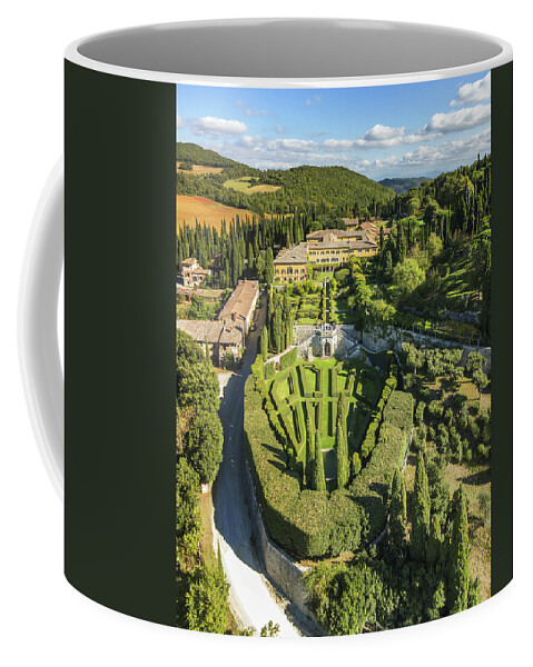 Estock Coffee Mug featuring the digital art Italy, Tuscany, Siena District, Val Di Chiana, Chianciano Terme, Villa La Foce, Aerial View By Drone by Guido Cozzi