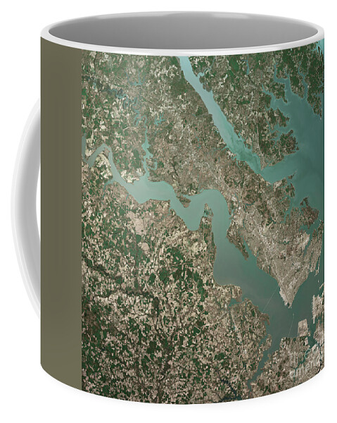 River Mouth Coffee Mug featuring the digital art James River Virginia 3D Render Aerial Top View Mar 2019 by Frank Ramspott
