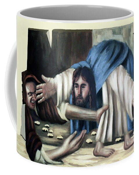 Cubism Coffee Mug featuring the painting Jesus And The Old Lady by Anthony Falbo