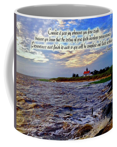 East Point Lighthouse Coffee Mug featuring the mixed media Joy in the Journey by Nancy Patterson