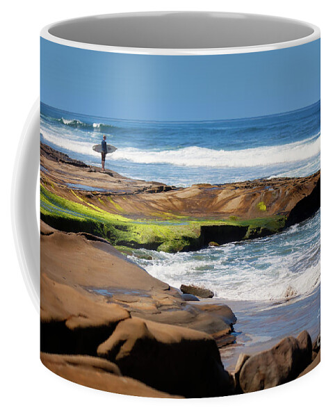 La Jolla Cove Coffee Mug featuring the photograph La Jolla Cove Surfer by Catherine Walters
