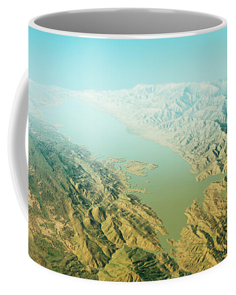 Lake Berryessa Coffee Mug featuring the digital art Lake Berryessa 3D Render Topographic Map Horizon by Frank Ramspott