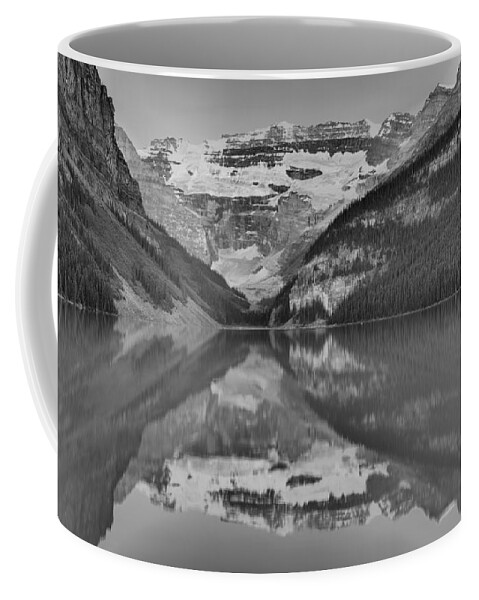 Lake Louise Coffee Mug featuring the photograph Lake Louise Summer 2019 Sunrise Panorama Black And White by Adam Jewell