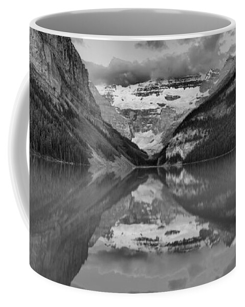 Lake Louise Coffee Mug featuring the photograph Lake Louise Summer Sunrise Panorama Black And White by Adam Jewell