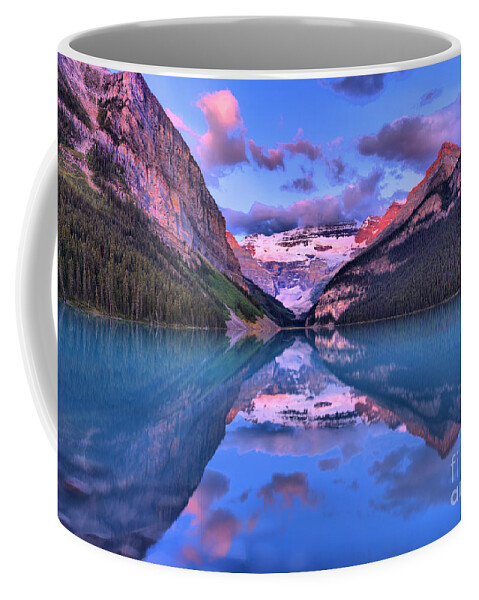Lake Louise Coffee Mug featuring the photograph Lake Louise Summer Sunrise Reflections by Adam Jewell