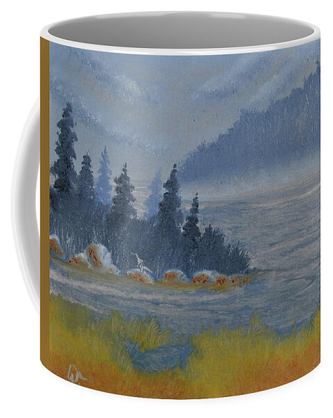 Lakeshore Distance In Oil Coffee Mug featuring the painting Lakeshore Distance in Oil by Warren Thompson