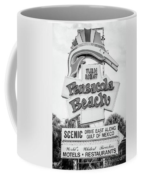 America Coffee Mug featuring the photograph Landmark Pensacola Beach Sign Black and White Photo by Paul Velgos