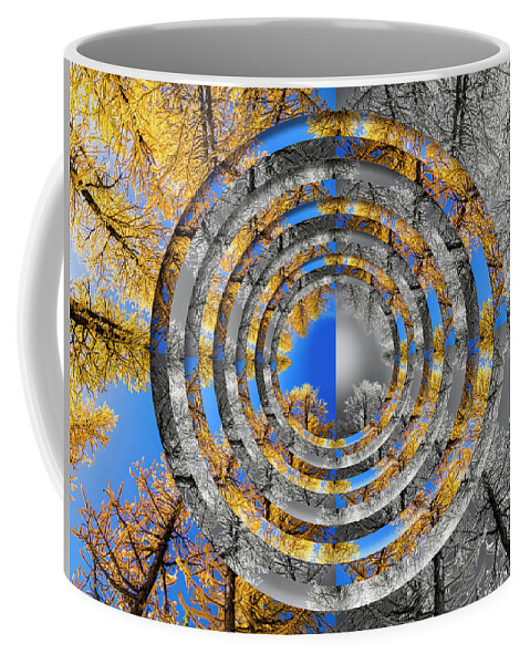 Evergreen Coffee Mug featuring the digital art Larches Color to Black and White Reflection Circles by Pelo Blanco Photo