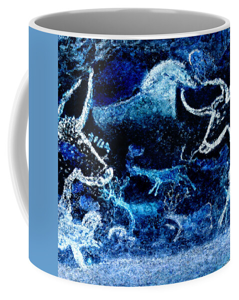 Lascaux Coffee Mug featuring the digital art Lascaux Hall of the Bulls - Deer between Aurochs - Negative by Weston Westmoreland