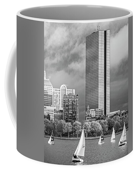Boston Coffee Mug featuring the photograph Lean into it- Sailboats by the Hancock on the Charles River Boston MA Black and White by Toby McGuire
