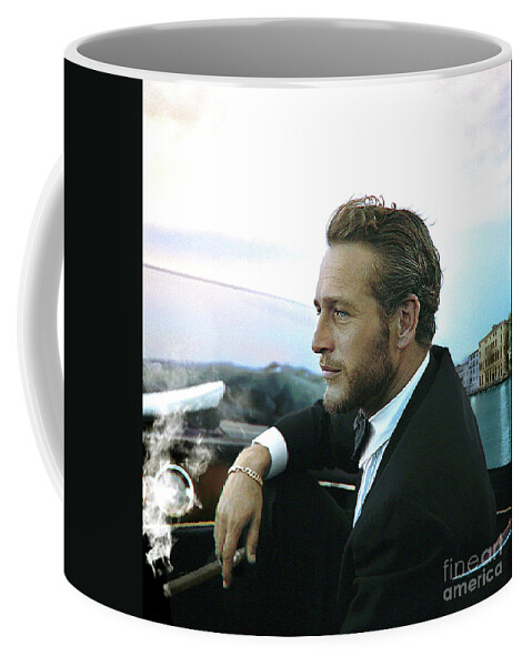 Paul Newman Coffee Mug featuring the mixed media Life is a Journey, Paul Newman, movie star, cruising Venice, enjoying a Cuban cigar by Thomas Pollart