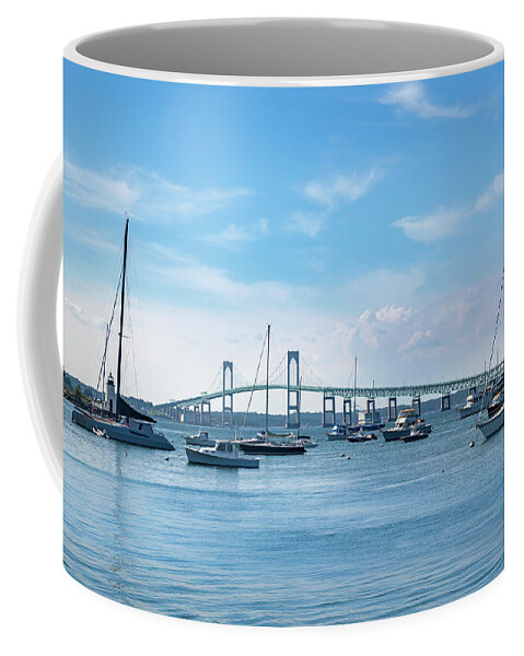 Estock Coffee Mug featuring the digital art Lighthouse & Bridge, Newport, Ri by Lumiere