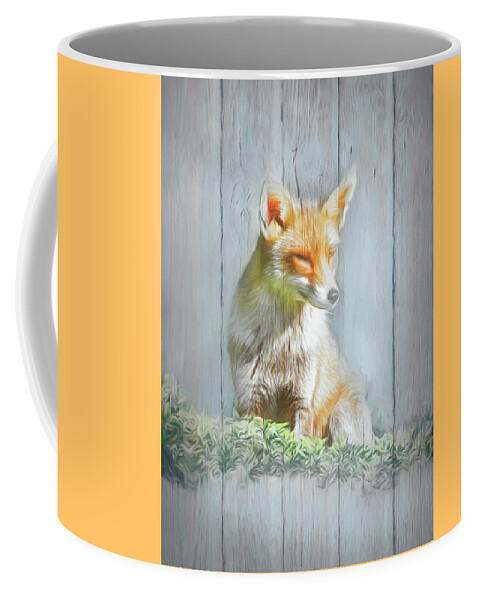 Animals Coffee Mug featuring the photograph Little Red Fox with Wood Texture Painting by Debra and Dave Vanderlaan