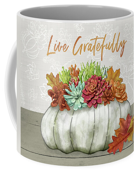 Live Gratefully Coffee Mug featuring the painting Live Gratefully Succulent Gray Pumpkin Arrangement by Jen Montgomery by Jen Montgomery