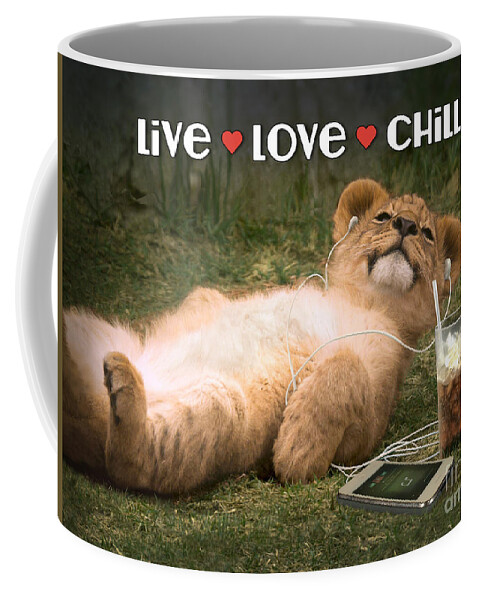 Lion Coffee Mug featuring the digital art Live Love Chill lion cub by Evie Cook