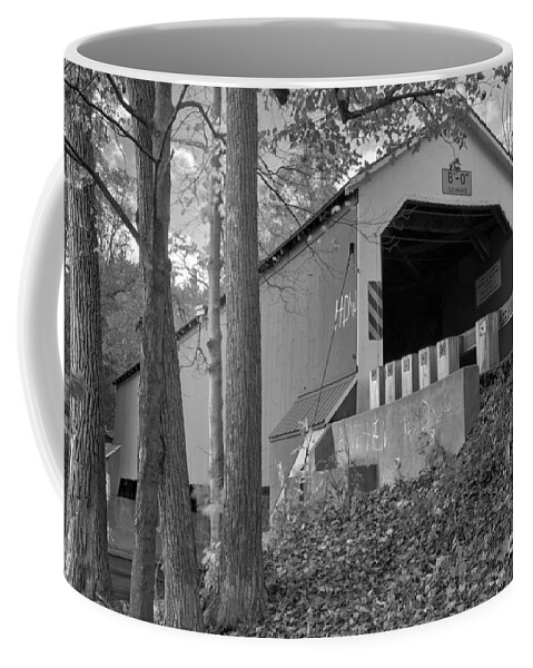 Eagleville Covered Bridge Coffee Mug featuring the photograph Looking Up At The Eagleville Covered Bridge Black And White by Adam Jewell