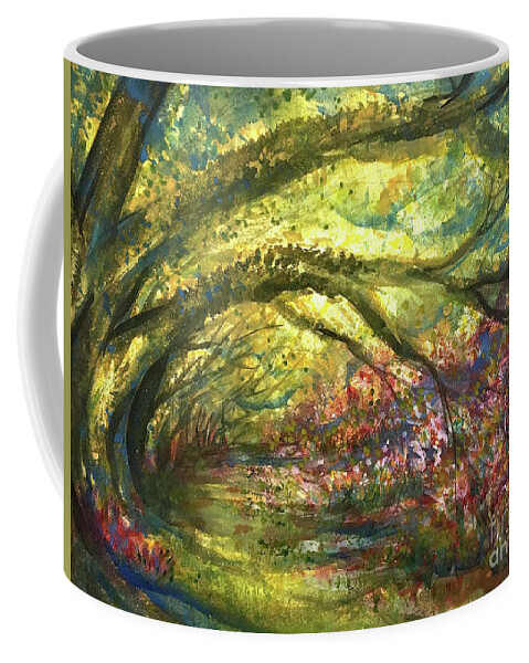 Impressionistic Floral Landscape Louisiana Watercolor Abstract Impressionism Water Bayou Lake Verret Blue Set Design Iris Abstract Painting Abstract Landscape Purple Trees Fishing Painting Bayou Scene Cypress Trees Swamp Bloom Elegant Flower Watercolor Coastal Bird Water Bird Interior Design Imaginative Landscape Oak Tree Louisiana Abstract Impressionism Set Design Fort Worth Texas Coffee Mug featuring the painting LusciousPath by Francelle Theriot