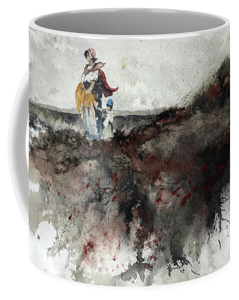 A Woman Holding A Mackinaw Stands On A Cliff Looking Out To Sea As Her Child Stands Beside Her. Coffee Mug featuring the painting Mackinaw by Monte Toon
