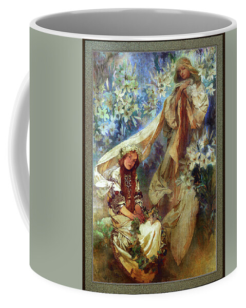 Madonna Of The Lilies Coffee Mug featuring the painting Madonna of the Lilies by Alphonse Mucha by Rolando Burbon