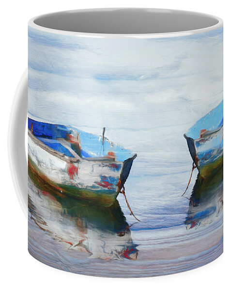 Boats Coffee Mug featuring the photograph Make it a Double Watercolors Painting with Wood Textures by Debra and Dave Vanderlaan