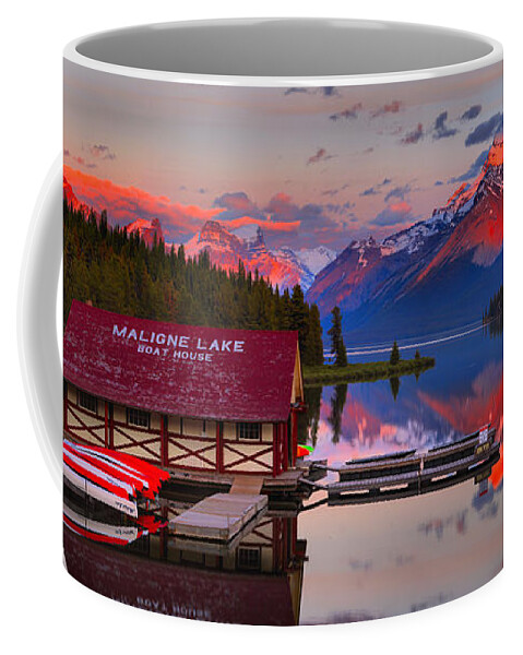 Maligne Lake Coffee Mug featuring the photograph Maligne Lake Reflection Sunset Panorama Crop by Adam Jewell