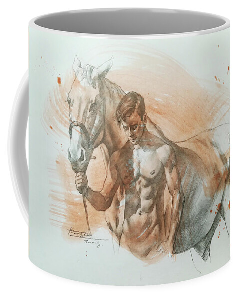 Drawing Coffee Mug featuring the drawing Man and horse#19228 by Hongtao Huang