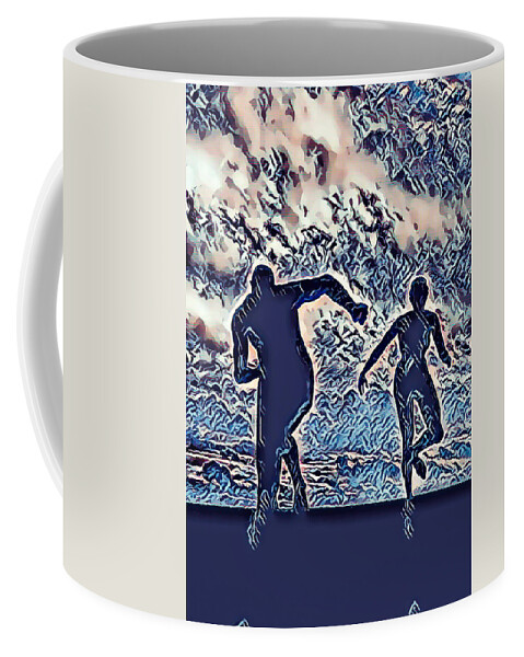 Man Coffee Mug featuring the painting Man and Woman running by Jeelan Clark