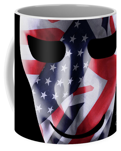 Mask Coffee Mug featuring the photograph Mask with GB and USA flags overlaid by Simon Bratt