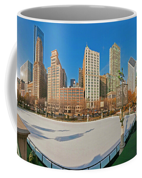 Mccormick Tribune Coffee Mug featuring the photograph McCormick Tribune Plaza Ice Rink and skyline  by Tom Jelen