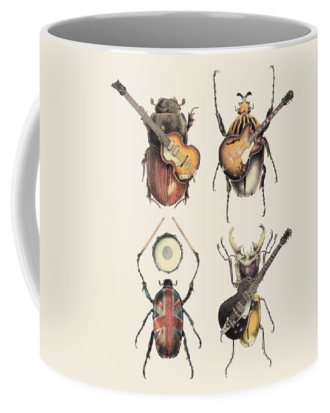Beetles Insects Pop Music Music Rock And Roll Guitars Drums Epiphone Bass Retro 1960s British Brit Pop British Invasion Entomology Classic Union Jack Funny Electric Guitars Parody Clever Coffee Mug featuring the digital art Meet the Beetles by Eric Fan