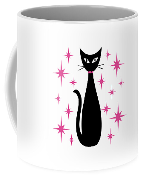 Mid Century Modern Coffee Mug featuring the digital art Mid Century Cat with Pink Starbursts by Donna Mibus