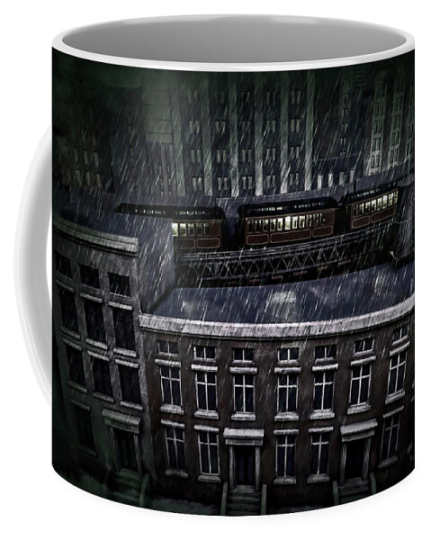 Black And White Urban Photograph With Train In Rain Coffee Mug featuring the photograph Midnight Train by Joan Reese