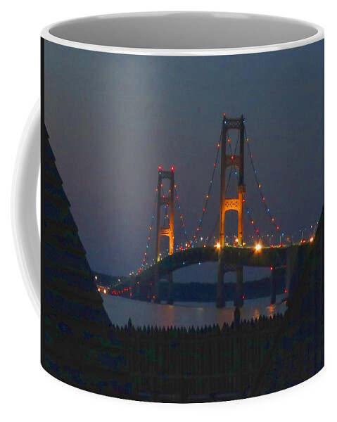 Mackinac Bridge Coffee Mug featuring the photograph Mighty Mac from Fort Michilimackinac by Keith Stokes