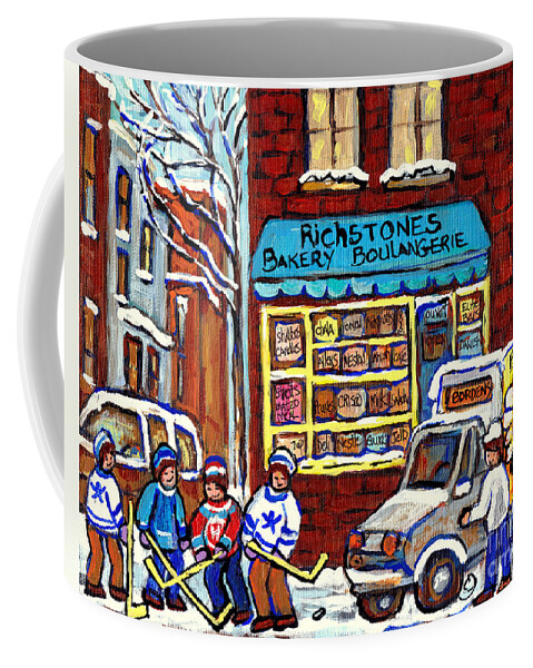  Montreal Coffee Mug featuring the painting Milk Delivery Richstone Bakery Montreal Deli Art Boulangerie Winterscene Hockey Paintings C Spandau by Carole Spandau