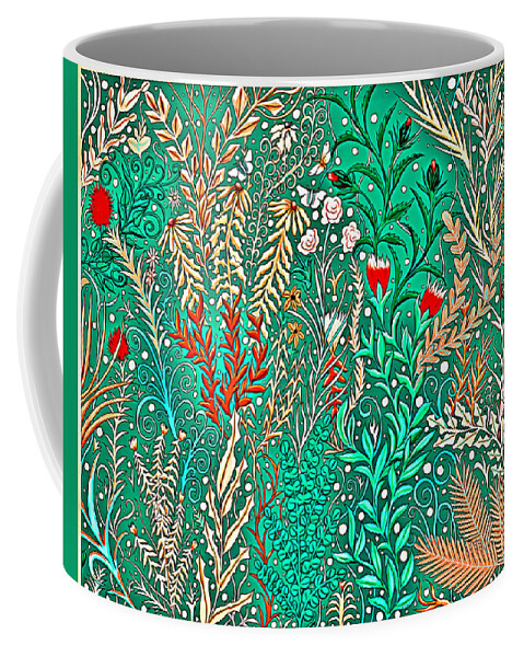 Lise Winne Coffee Mug featuring the digital art Millefleurs Home Decor Design in Brilliant Green and Light Oranges With Leaves and Flowers by Lise Winne