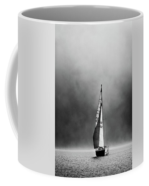 Mist Coffee Mug featuring the photograph Mist rising and sail boat, Coniston Water - Portrait by Anita Nicholson