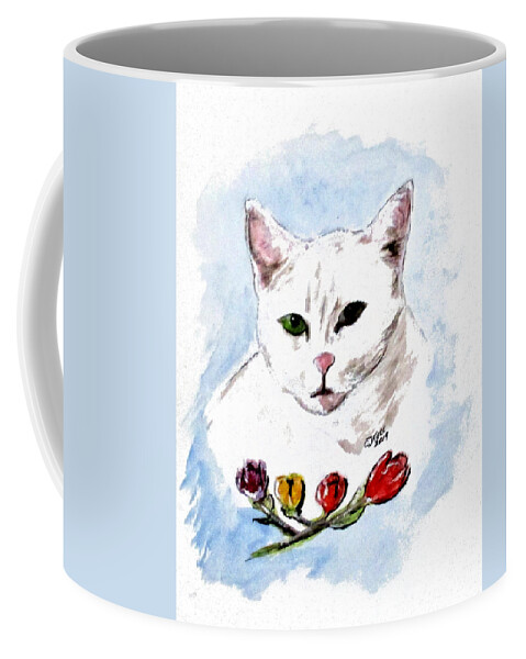 White Cat Coffee Mug featuring the painting Moms Jade by Clyde J Kell