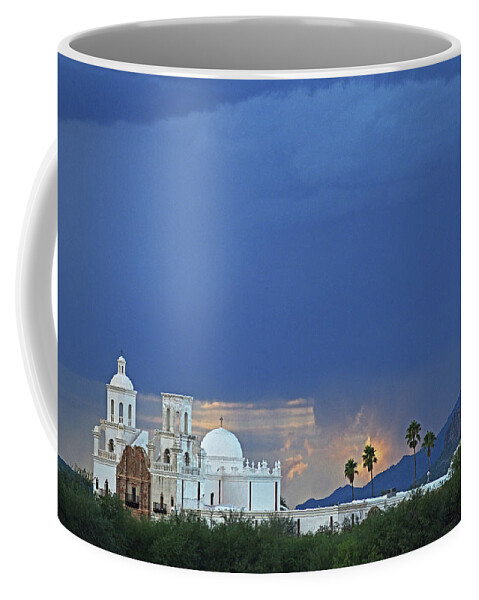 San Xavier Del Bac Mission Coffee Mug featuring the photograph Monsoon Skies over the Mission by Chance Kafka