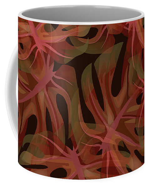 Monstera Coffee Mug featuring the mixed media Monstera Leaf Pattern 4 - Tropical Leaf Pattern - Red, Brown - Tropical, Botanical Pattern Design by Studio Grafiikka