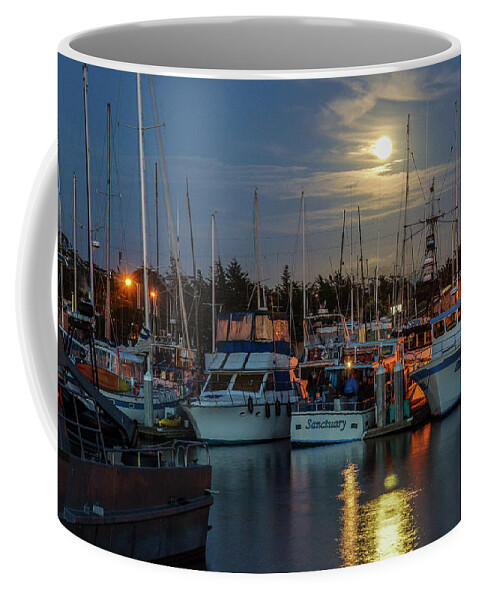 Momnterey Bay Coffee Mug featuring the photograph Moonrise over Moss Landing Harbor by Donald Pash