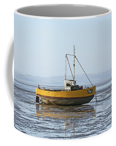 Morecambe Bay Coffee Mug featuring the photograph MORECAMBE. Yellow Fishing Boat. by Lachlan Main