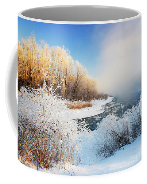 Yahara River Frigid Cold Snow Ice Blue Yellow Winter Frost Hoar Flowing Blue Sunrise Fog Mist Ominous Eery Coffee Mug featuring the photograph Frozen Sunrise - Yahara River at Stebbinsville road dam near Stoughton by Peter Herman