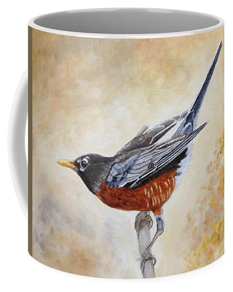 American Robin Coffee Mug featuring the painting Morning Stretch American Robin by Angeles M Pomata