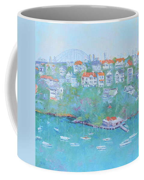 Mosman Coffee Mug featuring the painting Mosman Bay and Sydney Harbour Bridge by Jan Matson