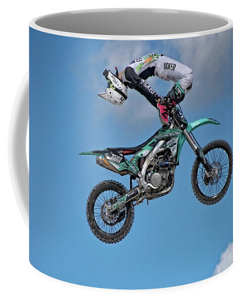 Motorcycle Coffee Mug featuring the photograph Motorcycle Daredevil Stunt Show by Jim Vallee