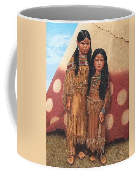 Native American Portrait. American Indian Portrait. Native Children. Coffee Mug featuring the painting Native Sisters by Valerie Evans